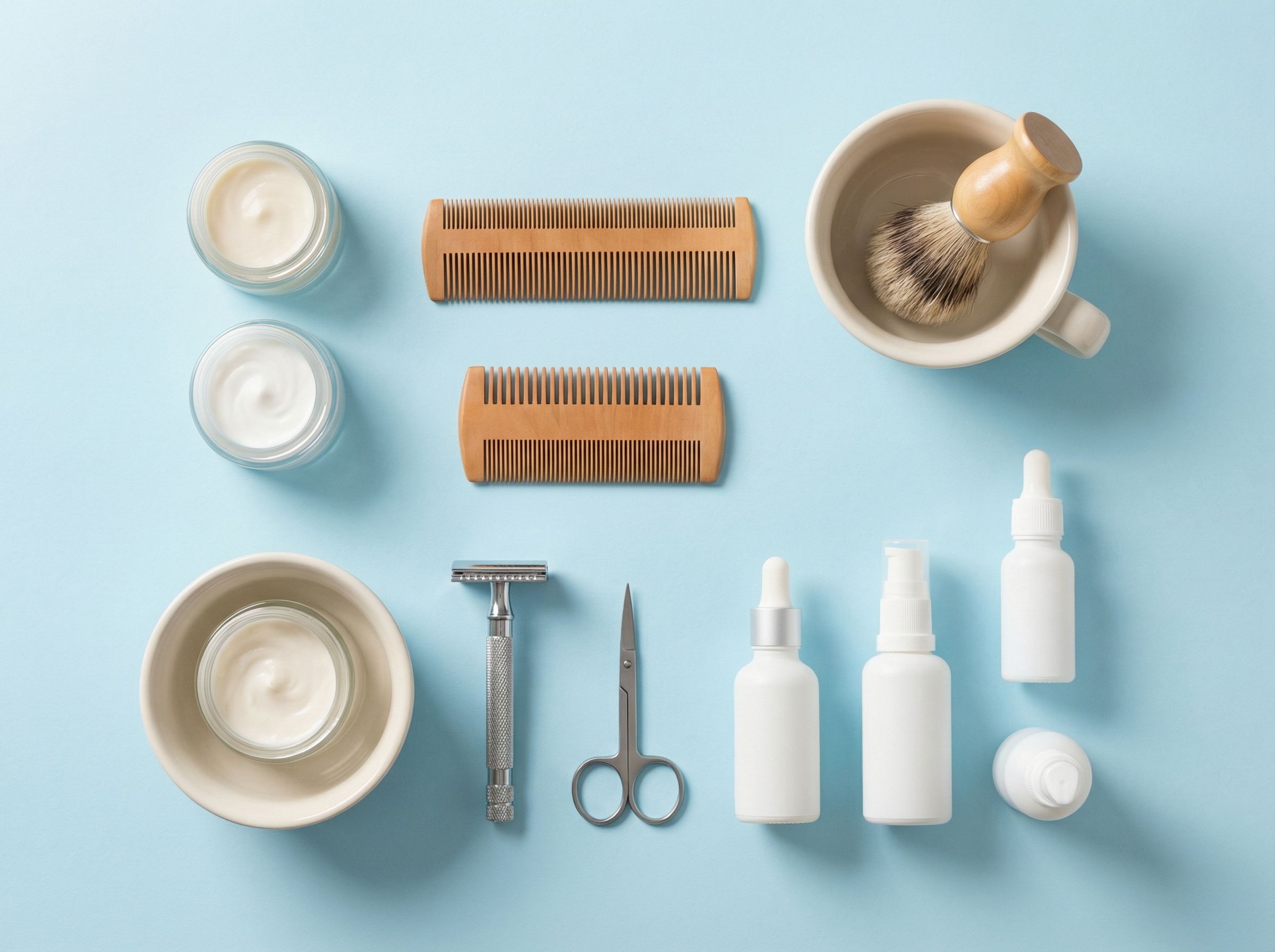 Close-up of barber tools and grooming products on a workstation in a barbershop, Belgium.