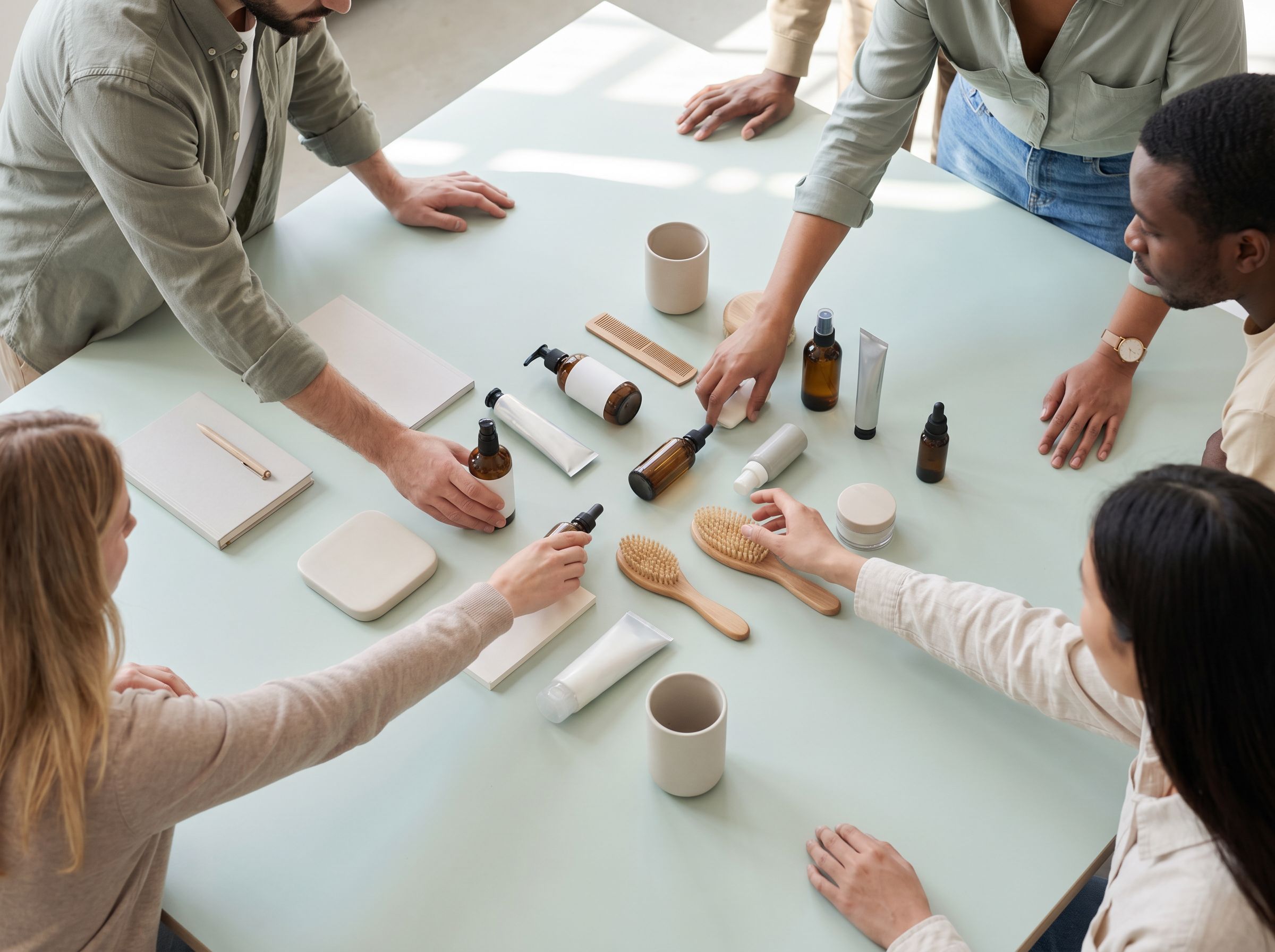 A sophisticated shaving setup featuring a brush, razor, and cream against a dark background.