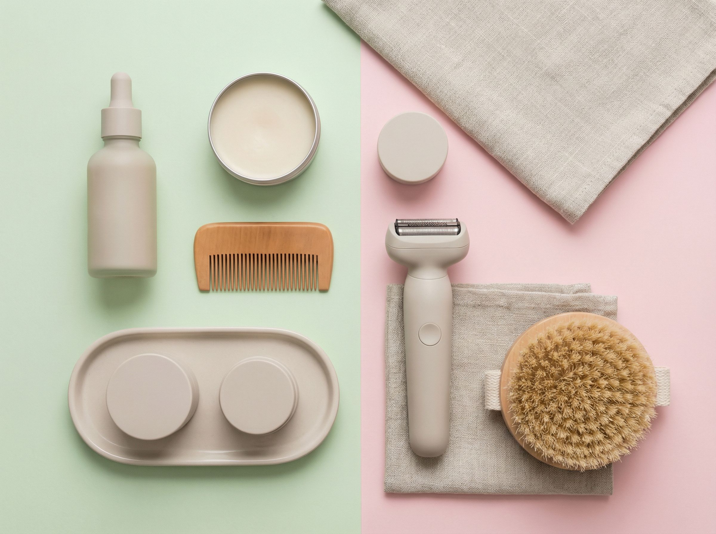 Collection of grooming products and tools on a barbershop countertop.