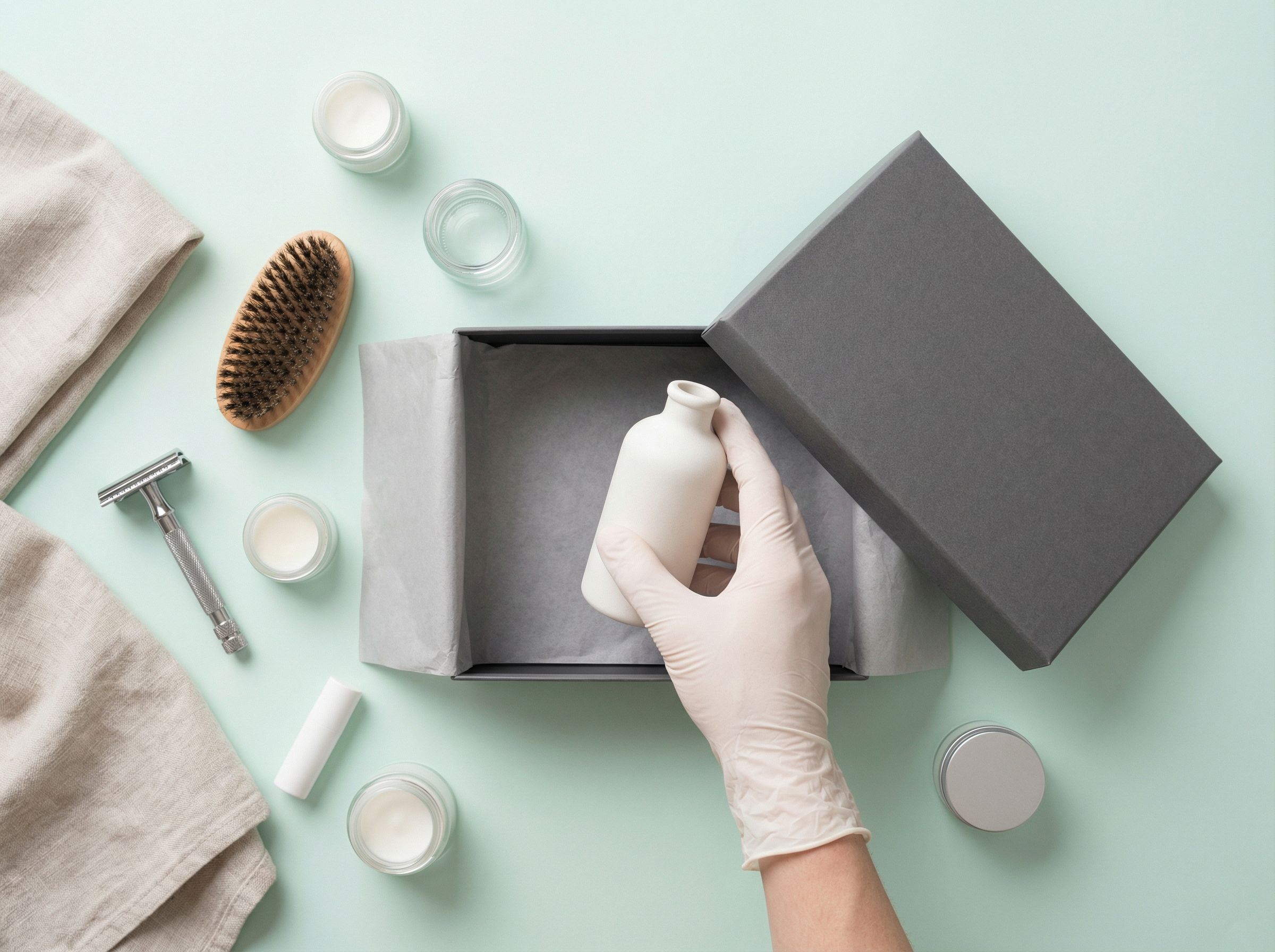 Close-up of barber tools and grooming products on a workstation in a barbershop, Belgium.